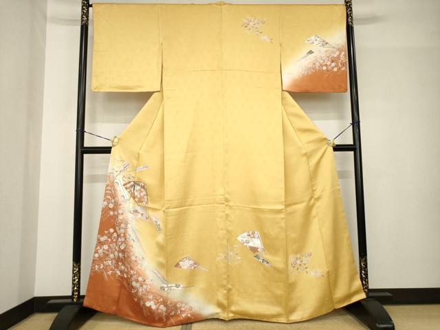 平和屋着物●訪問着　友禅　駒刺繍　扇面花蝶文　暈し染め　金彩　正絹　逸品　AABH5832ck