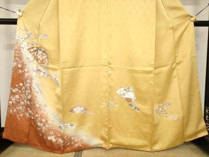 平和屋着物●訪問着　友禅　駒刺繍　扇面花蝶文　暈し染め　金彩　正絹　逸品　AABH5832ck