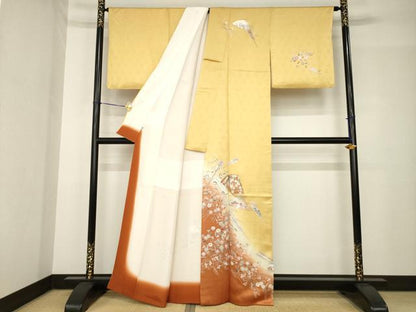 平和屋着物●訪問着　友禅　駒刺繍　扇面花蝶文　暈し染め　金彩　正絹　逸品　AABH5832ck