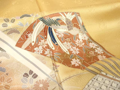 平和屋着物●訪問着　友禅　駒刺繍　扇面花蝶文　暈し染め　金彩　正絹　逸品　AABH5832ck