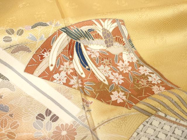 平和屋着物●訪問着　友禅　駒刺繍　扇面花蝶文　暈し染め　金彩　正絹　逸品　AABH5832ck
