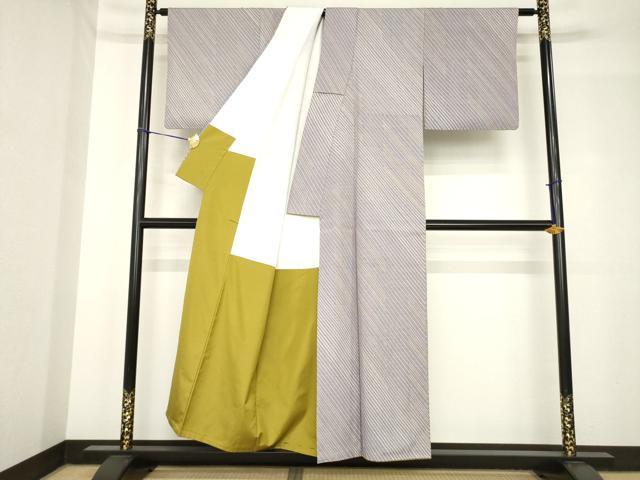 平和屋着物●上質な小紋　結城紬地　斜縞　正絹　逸品　AABH5835ck