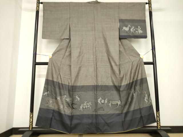 平和屋着物●本場大島紬　染大島　訪問着　鳥獣戯画　正絹　逸品　AABH5836ck