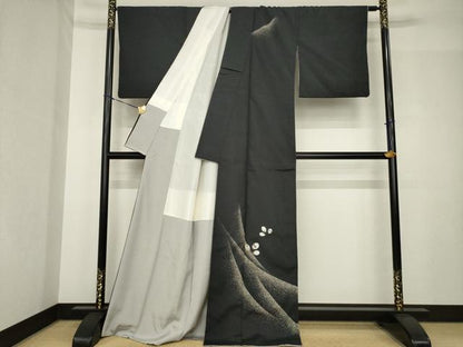 平和屋着物●訪問着　紬地　草花文　金彩　ロング丈　正絹　逸品　AABH5843ck