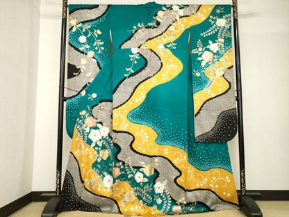 平和屋着物●豪華振袖　辻が花　駒刺繍　絞り　流水花文　金彩　正絹　逸品　AABH5850ck