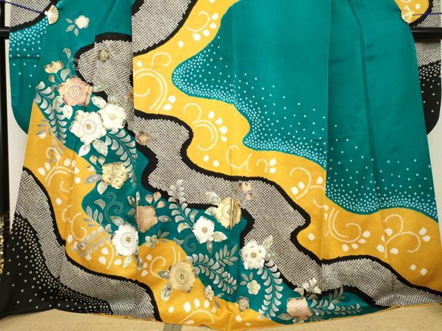 平和屋着物●豪華振袖　辻が花　駒刺繍　絞り　流水花文　金彩　正絹　逸品　AABH5850ck