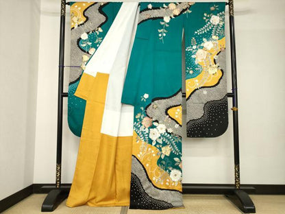 平和屋着物●豪華振袖　辻が花　駒刺繍　絞り　流水花文　金彩　正絹　逸品　AABH5850ck