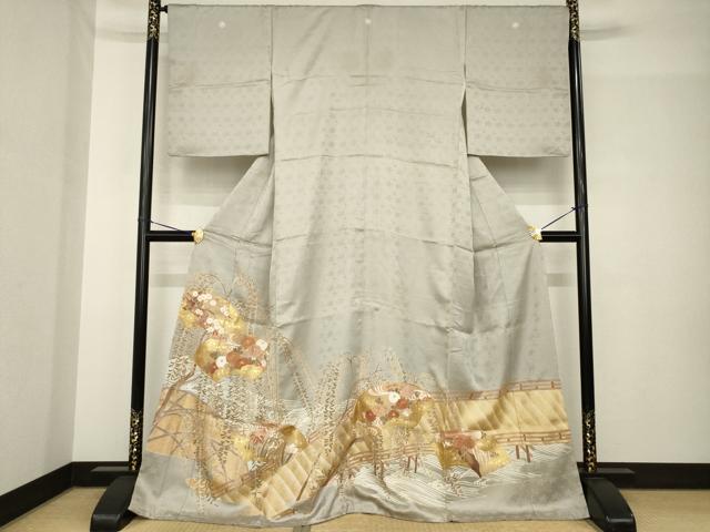 平和屋着物●豪華色留袖　駒刺繍　渡り橋地紙花文　金彩　正絹　逸品　AABH5851ck