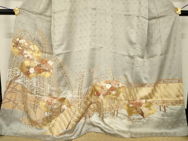 平和屋着物●豪華色留袖　駒刺繍　渡り橋地紙花文　金彩　正絹　逸品　AABH5851ck