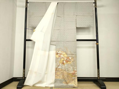 平和屋着物●豪華色留袖　駒刺繍　渡り橋地紙花文　金彩　正絹　逸品　AABH5851ck
