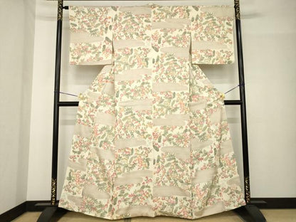 平和屋着物●お召　エ霞草花文　正絹　逸品　AABH5856ck