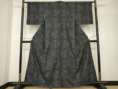 平和屋着物●本場大島紬　花唐草文　一元7マルキ　黒地　正絹　逸品　AABH5857ck