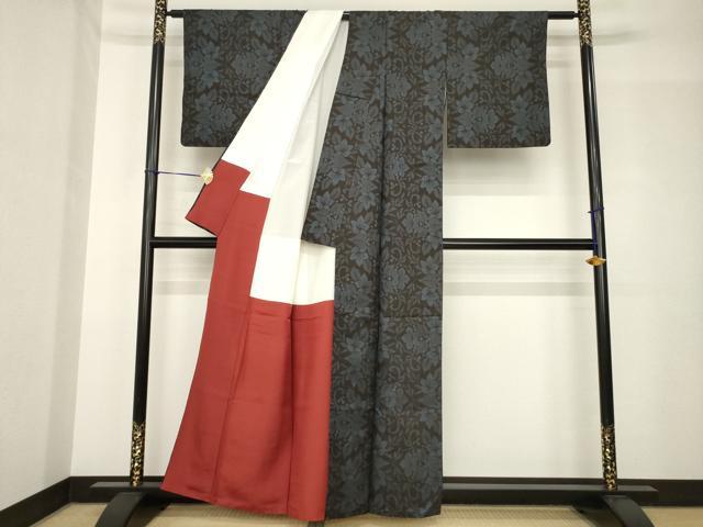 平和屋着物●本場大島紬　花唐草文　一元7マルキ　黒地　正絹　逸品　AABH5857ck