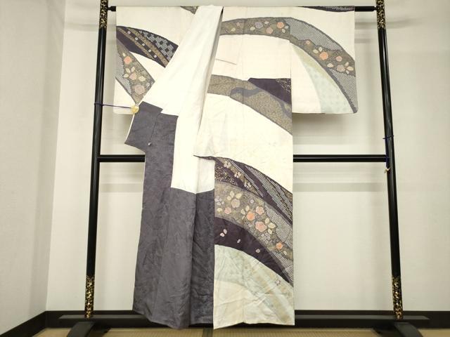 平和屋着物●訪問着　絞り　流水花文　金彩　正絹　逸品　AABH5866ck