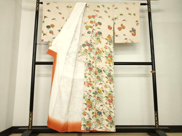 平和屋着物●訪問着　型染め　花鳥文　正絹　逸品　AABH5870ck