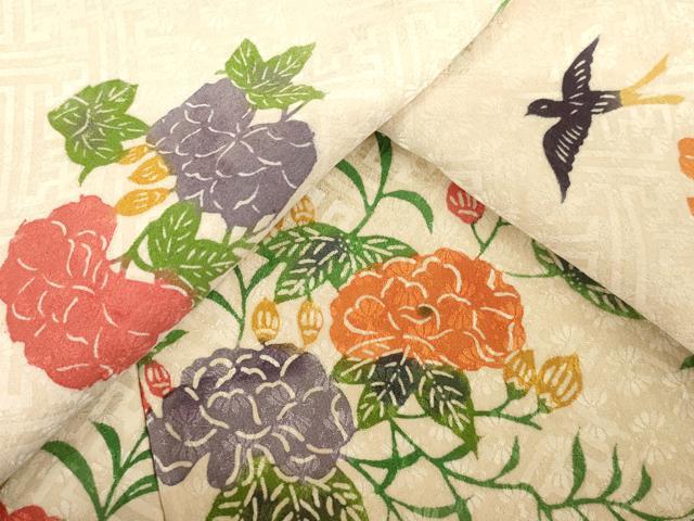 平和屋着物●訪問着　型染め　花鳥文　正絹　逸品　AABH5870ck