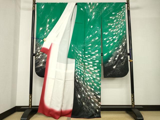 平和屋着物●写真家・秋山庄太郎　振袖　駒刺繍　孔雀羽文　暈し染め　正絹　逸品　AABH5882ck