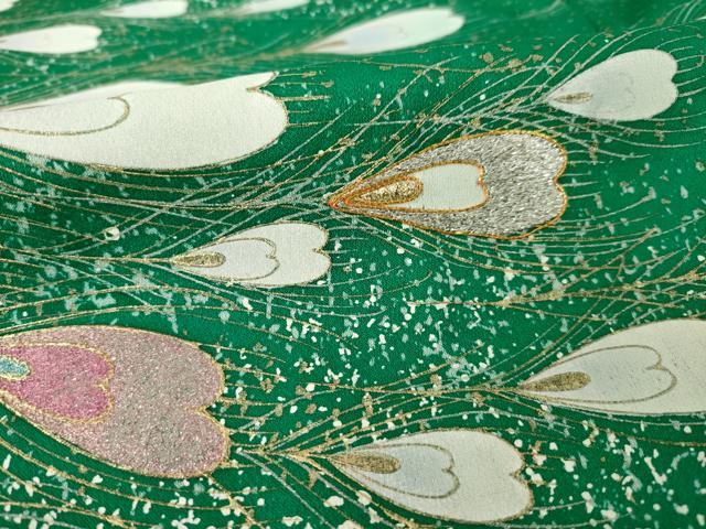 平和屋着物●写真家・秋山庄太郎　振袖　駒刺繍　孔雀羽文　暈し染め　正絹　逸品　AABH5882ck