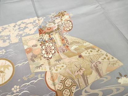 平和屋着物●豪華色留袖　友禅　地紙御所車花文　正絹　逸品　AABH5883ck