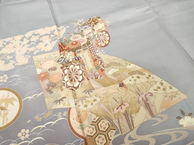 平和屋着物●豪華色留袖　友禅　地紙御所車花文　正絹　逸品　AABH5883ck