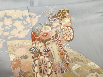 平和屋着物●豪華色留袖　友禅　地紙御所車花文　正絹　逸品　AABH5883ck