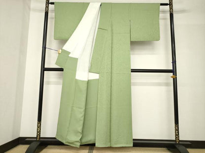 平和屋着物●上質な色無地　光琳菊地紋　黄海松茶色　正絹　逸品　AABH5892ck