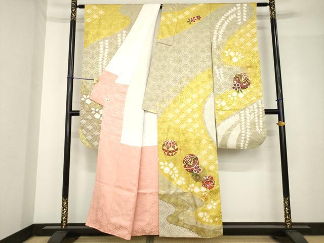 平和屋着物●豪華振袖　駒刺繍　花毬文　金彩　正絹　逸品　AABH5896ck