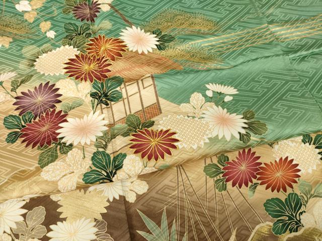 平和屋着物●豪華振袖　駒刺繍　風景花文　暈し染め　金彩　鈴乃屋扱い　正絹　逸品　AABH5898ck