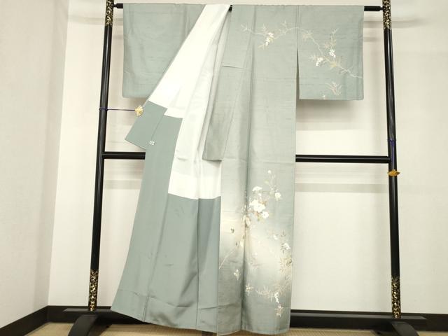 平和屋着物●石川県指定無形文化財　牛首紬　白山工房　手織り　訪問着　友禅　枝花文　暈し染め　正絹　逸品　AABH5904ck