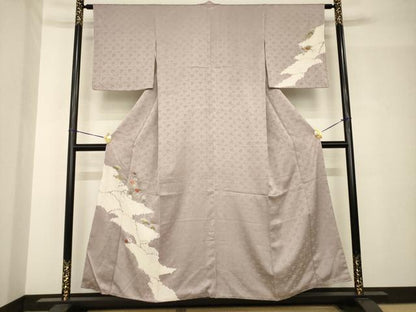 平和屋着物●訪問着　絞り　刺繍　流水草花文　金糸　正絹　逸品　AABH5912ck