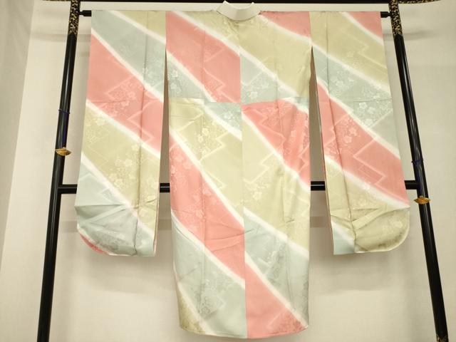 平和屋着物●振袖用長襦袢　無双仕立て　斜縞　枝梅地紋　暈し染め　正絹　逸品　AABH5914ck