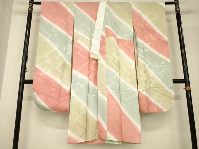 平和屋着物●振袖用長襦袢　無双仕立て　斜縞　枝梅地紋　暈し染め　正絹　逸品　AABH5914ck