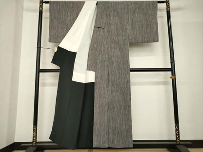 平和屋着物●上質な小紋　よろけ縞　黒地　正絹　逸品　AABH5915ck