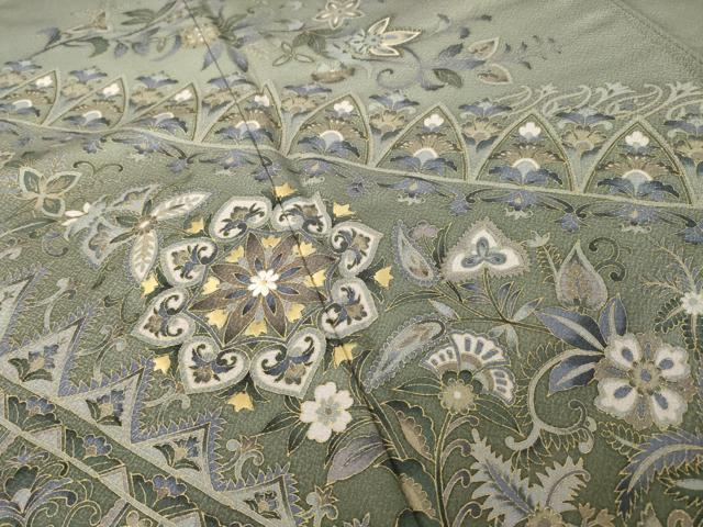 平和屋着物●訪問着　友禅　刺繍　更紗花文　金彩　正絹　逸品　AABH5917ck