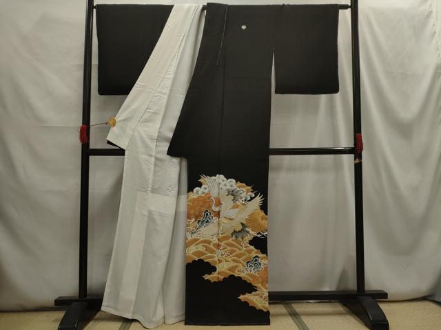 平和屋着物■豪華黒留袖　刺繍　雲取り飛鶴浜松文　金銀糸　金彩　正絹　逸品　AABH5987sx