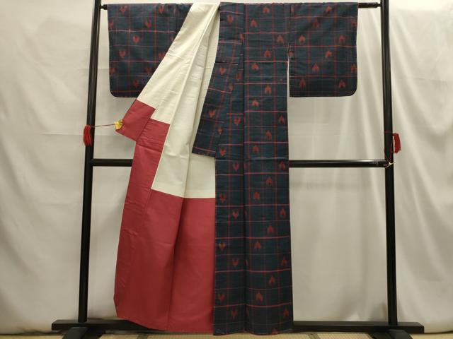 平和屋着物■上質な紬　格子　正絹　逸品　AABH6072sx