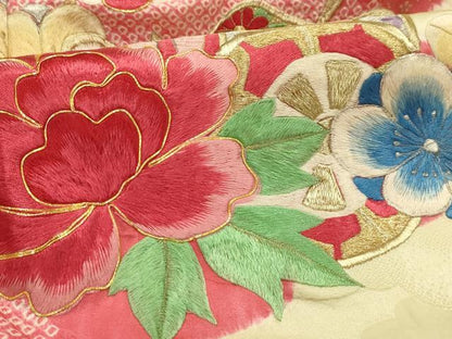 平和屋着物■豪華振袖　駒刺繍　絞り　御所車花文　正絹　逸品　AABH6075sx