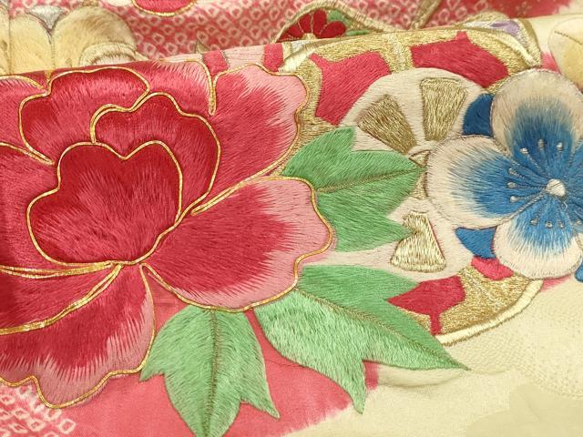 平和屋着物■豪華振袖　駒刺繍　絞り　御所車花文　正絹　逸品　AABH6075sx