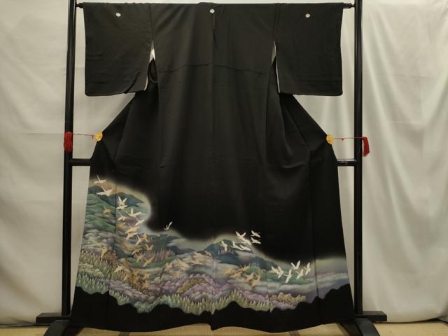 平和屋着物■豪華黒留袖 飛鶴風景文 暈し染め 金銀彩 正絹 逸品 AABH6098sx