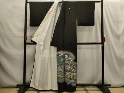 平和屋着物■豪華黒留袖 飛鶴風景文 暈し染め 金銀彩 正絹 逸品 AABH6098sx