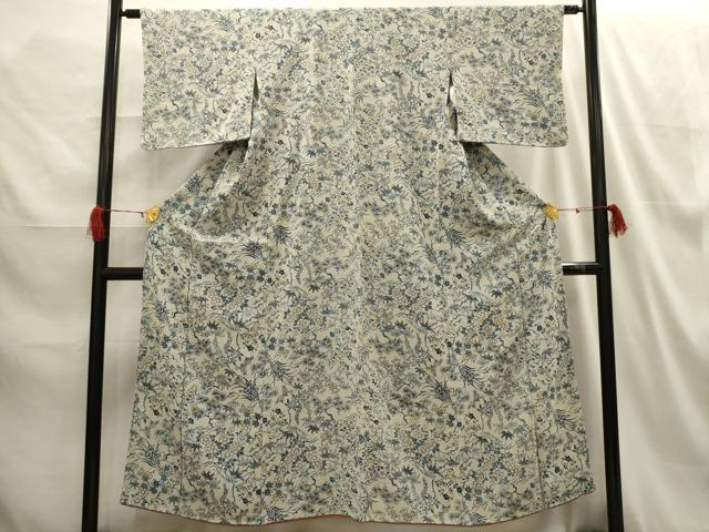平和屋着物■上質な小紋 型染め 松竹梅花風景文 鬼しぼ縮緬 正絹 逸品 AABH6100sx