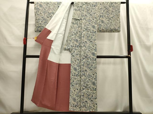 平和屋着物■上質な小紋 型染め 松竹梅花風景文 鬼しぼ縮緬 正絹 逸品 AABH6100sx