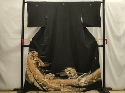 平和屋着物■豪華黒留袖 駒刺繍 扇面飛鶴花文 暈し染め 金銀彩 正絹 逸品 AABH6125sx