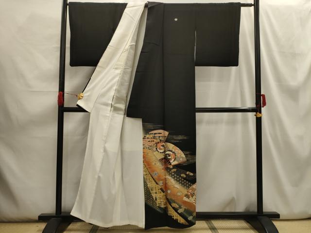 平和屋着物■豪華黒留袖 駒刺繍 扇面飛鶴花文 暈し染め 金銀彩 正絹 逸品 AABH6125sx