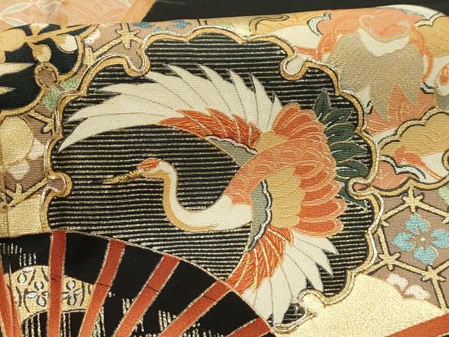 平和屋着物□豪華黒留袖 駒刺繍 扇面飛鶴花文 暈し