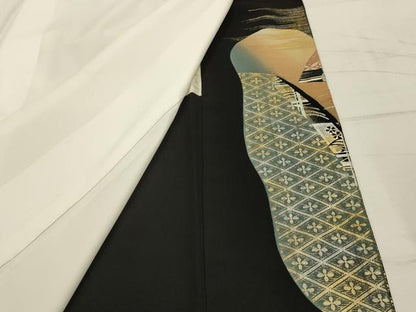 平和屋着物■豪華黒留袖 駒刺繍 扇面飛鶴花文 暈し染め 金銀彩 正絹 逸品 AABH6125sx