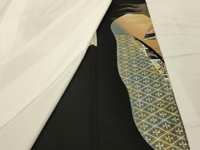 平和屋着物■豪華黒留袖 駒刺繍 扇面飛鶴花文 暈し染め 金銀彩 正絹 逸品 AABH6125sx