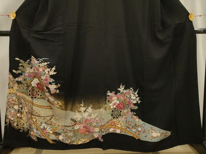 平和屋着物■豪華黒留袖　鬘帯花鳥文　金彩　正絹　逸品　AABH6126sx
