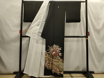 平和屋着物■豪華黒留袖　鬘帯花鳥文　金彩　正絹　逸品　AABH6126sx