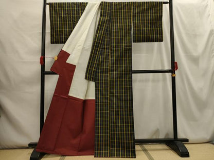 平和屋着物■上質な紬 格子 黒地 正絹 逸品 AABH6143sx